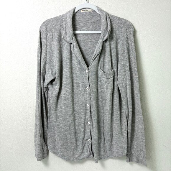 Marine Layer Button Up Shirt Pajama Top Womens L Gray Striped Long Sleeve - Picture 1 of 12